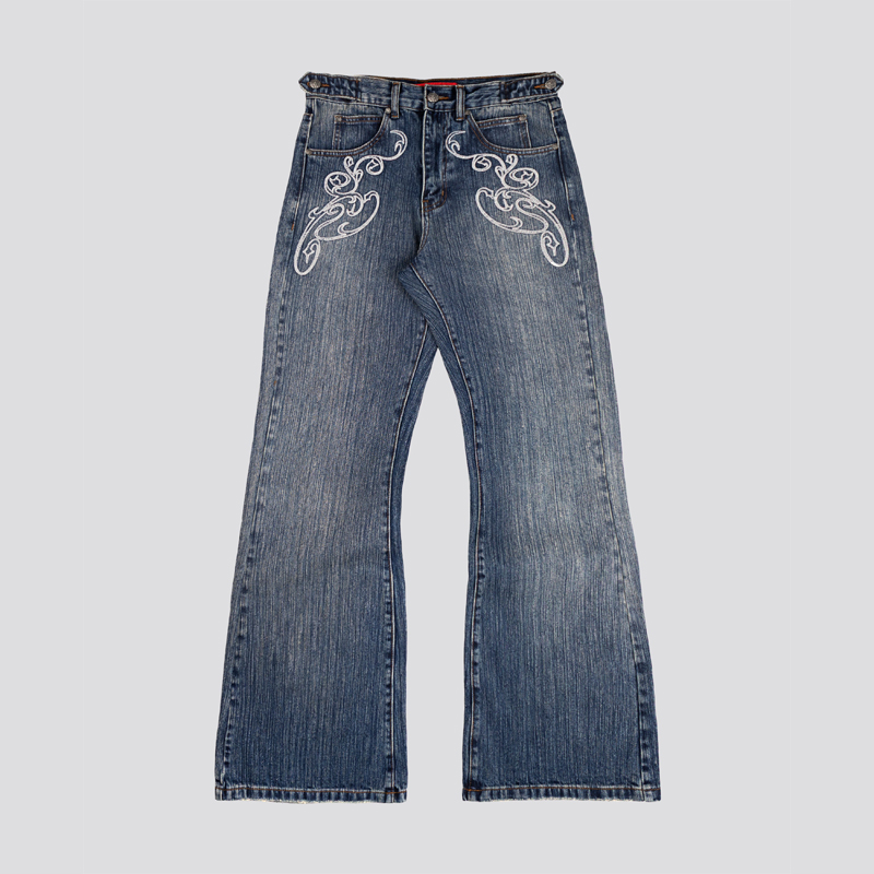 Men Shoes Jeans - Джинсы Y2K синие расклешенные с вышивкой,